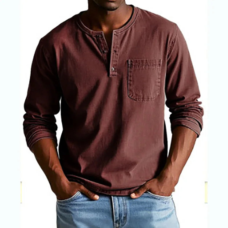 Vintage denim Henley shirt voor heren met borstzak